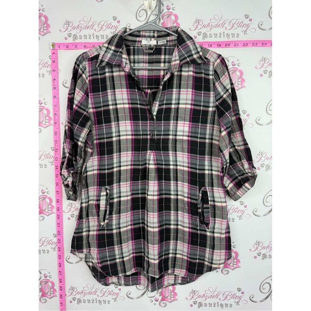 Ali and Kris Plaid Roll-Sleeve Tunic Top - Black, White & Pink